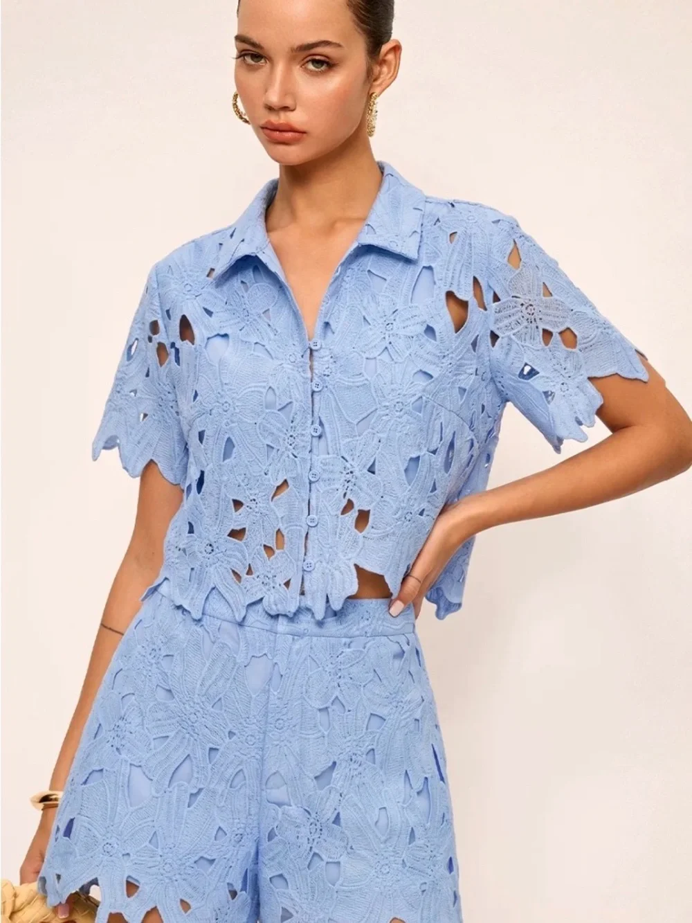 Commense Light Blue Crochet Button-Down Top and Matching Short Set- NWT
